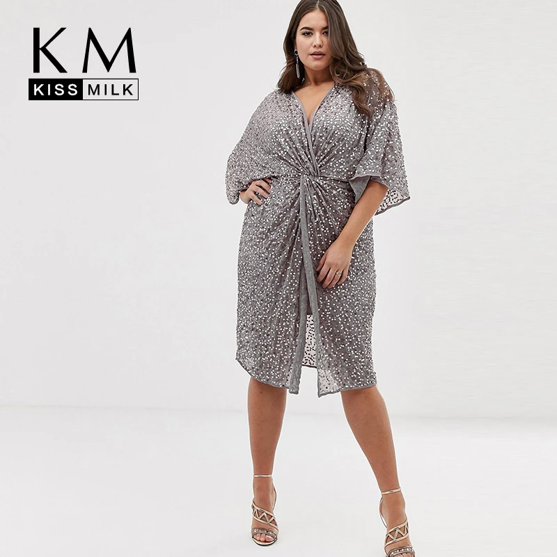 Kissmilk Новое модное женское сексуальное платье большого размера с v-образным вырезом спереди и блестками