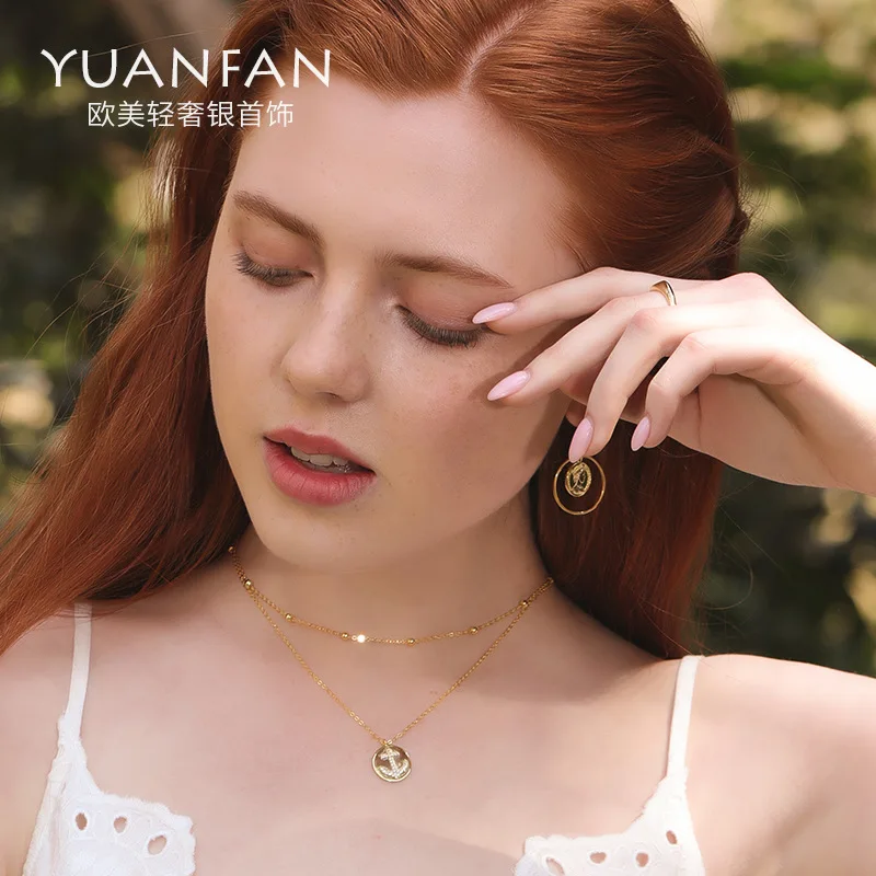 

S925 Fine Silver Accessories Western Style Circle Coin Necklace Carving Boat Anchor Pendant Women's Cross Choker
