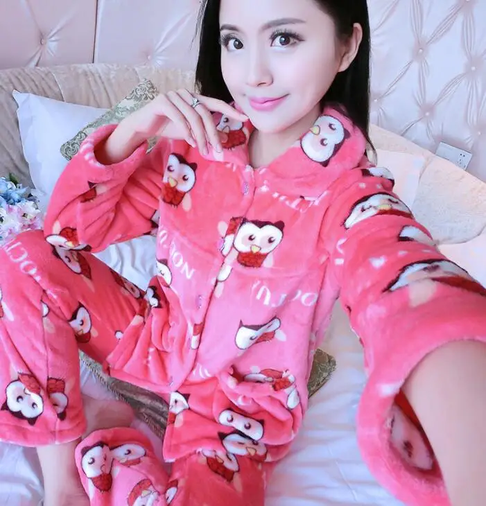 Sleepwear Warm Flannel Long Sleeves Pink Pijama Long Pant Sleepwear Homewear