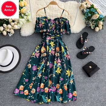 

NEW Vintage Floral Print Summer Boho Ruffles Off Shoulder Midi Long Dress Party Women Casual Spaghetti Strap Beach Autumn