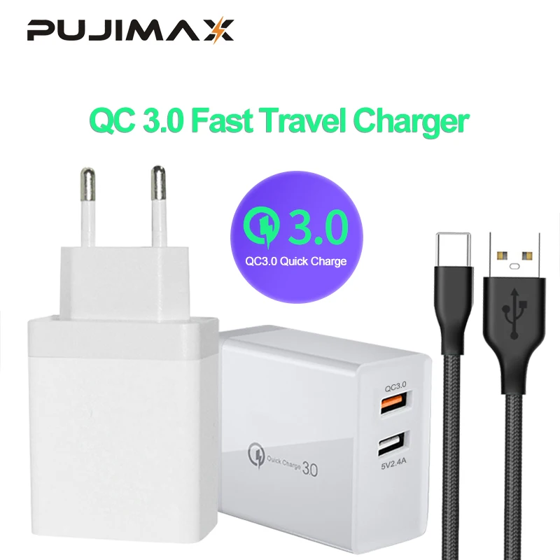 

PUJIMAX Quick Charger 3.0 240V 2 prots Fast phone Charger with 1M USB cable for iPhoneX 7 iPad Samsung Galaxy HTC Xiaomi Huawei