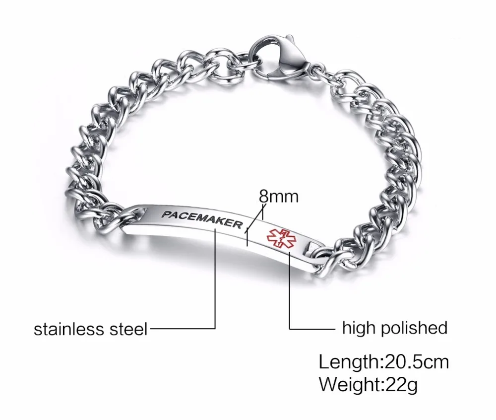 Mens Womens Stainless Steel Medical Alert Bracelets Pacemaker 14