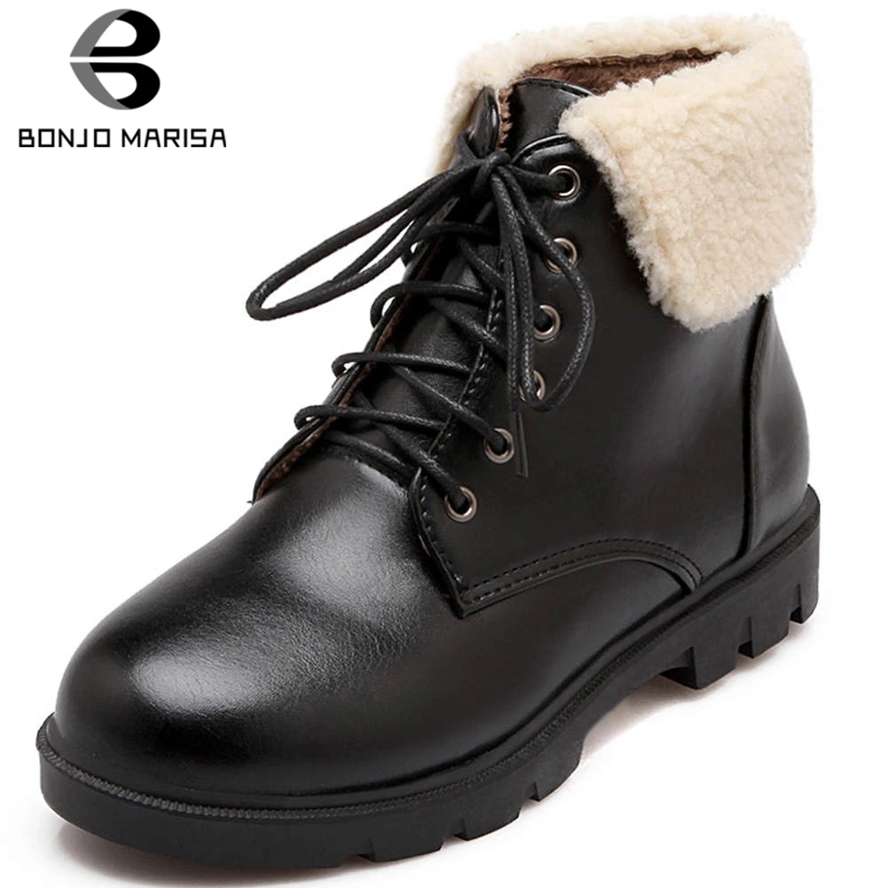 

BONJOMARISA New Elegant Round Toe Fur Booties Ladies Warm Platform Ankle Snow Boots Women 2019 Low Heels Winter Shoes Woman