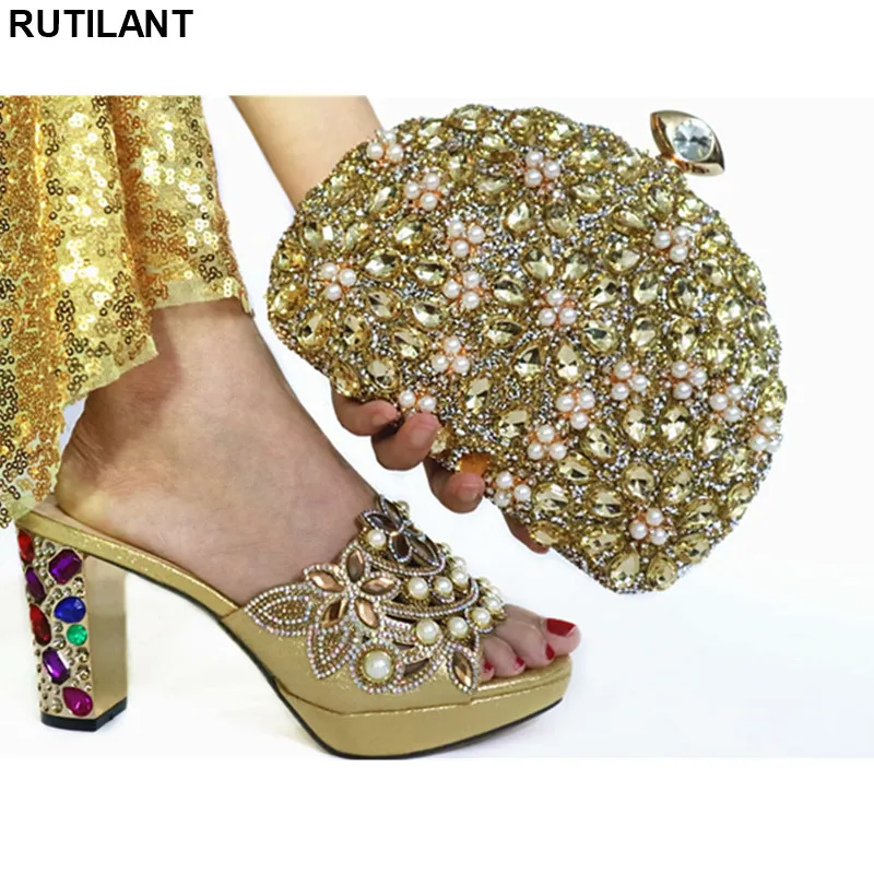 

Nigerian Women Wedding Shoes and Bag Set Plus Size Shoes Women Heel Ladies Italian Shoes and Bag Set Decorated with Rhinestone