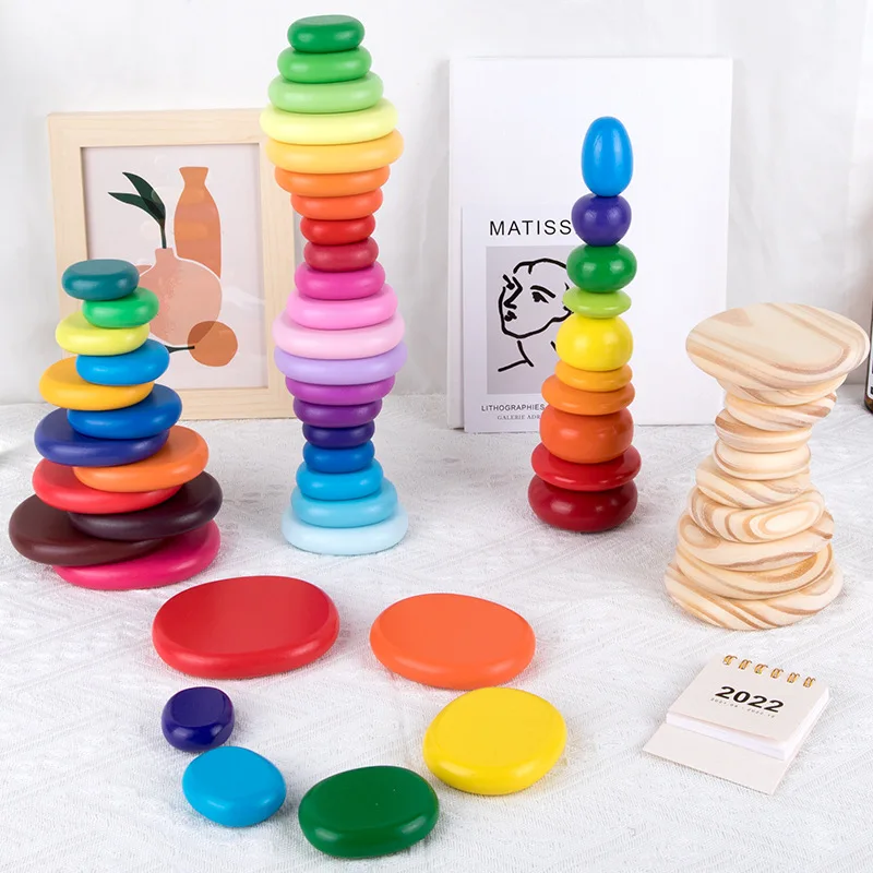 

Wooden Stones Montessori Toy Rainbow Cobblestone Building Block Nordic Style Stacking Game Educational Toys Gift