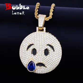 

Crying Face Pendant Necklace Chain Gold Color with Blue Color Cubic Zircon Men's Hip hop Rock Jewelry