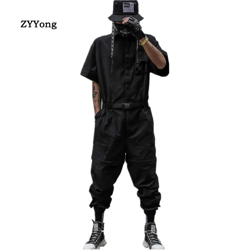 Summer Fashion Jumpsuit Men Overalls Rompers Short Sleeve Casual Punk Cargo Pants Cool Removable Knee Joggers Black Trousers | Мужская