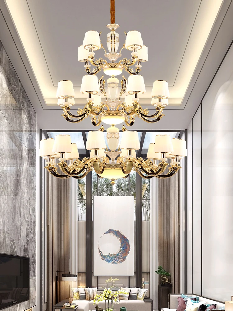 

Compound Building European Zinc Alloy Chandelier Living Room Luxury Villa Big Hanging Lighting Lobby Hall Jade Home Led Fixtures