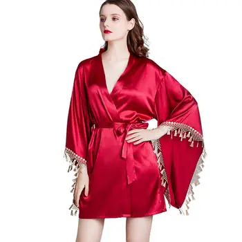 

Women Imitation Silk Short Kimono Robe Lace Tassels Batwing Sleeves Nightgown 83XF