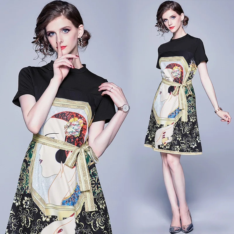 

1040 Summer New Style Europe And America WOMEN'S Dress Crew Neck Loose-Fit Casual Joint Cool Floral Printed Dress Women's