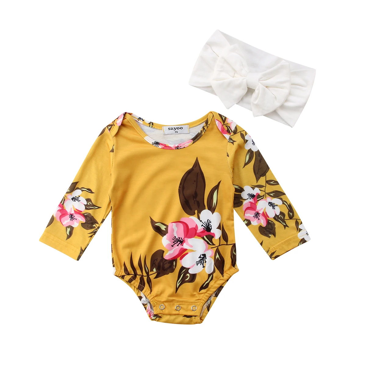 Pudcoco Brand Newborn Baby Girl Floral Romper Jumpsuit Long Sleeve Casual Princess Baby Girl Clothes With Headband - Цвет: Светло-желтый