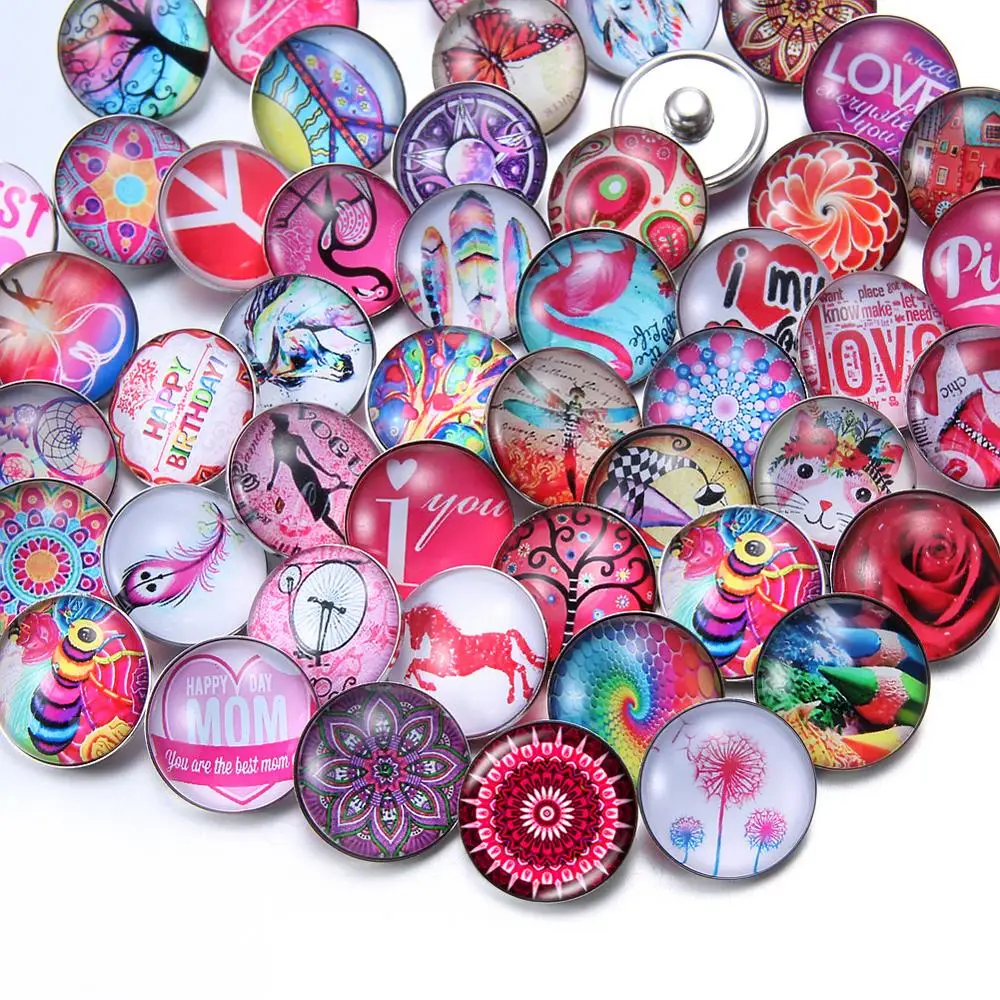 50pcs/lot Multi Themes 18mm Snap Button Charms Pink&red Series Theme