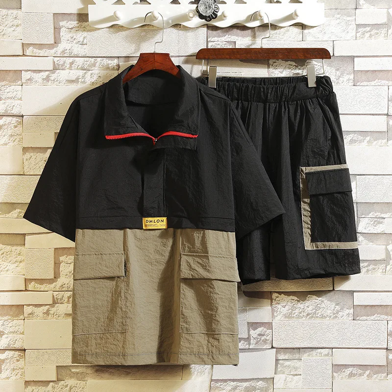 

2019 New Style Men Casual Mixed Colors Set Summer Loose-Fit Large Pocket Short Sleeve T-shirt Bib Overall Two-Piece Set