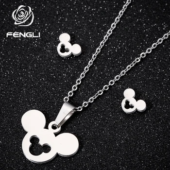 

FENGLI Stainless Steel Mickey Stud Earring for Women Mouse Necklace Jewelry Set Party Music Festival Gift