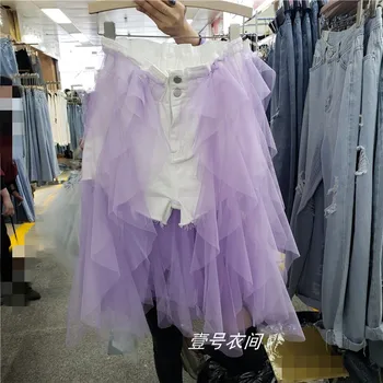 

2020 Summer New White Jean Skirts Layer-by-Layer Purple Gauze Denim Stitching Irregular Midi Skirt Ladies Skirts Jupe Mujer