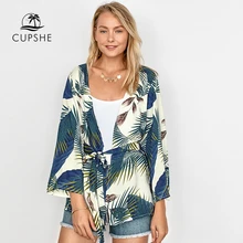 CUPSHE с принтом ладони, Короткое Кимоно, бикини, накидка с поясом, женский сексуальный халат, пляжный купальник, летняя пляжная одежда, туника, рубашка
