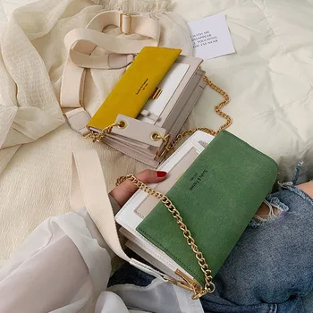 

2020 New High Quality Women Handbags Designer Women Wide Strip Chain Shoulder Messenger Bags Small Flap Phone Bag Purses Green