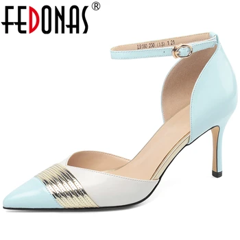 

FEDONAS Elegant Concise Women Cow Patent Leather Mixed Colors Ankle Strap 2020 Spring Party Wedding Prom High Heels Shoes Woman