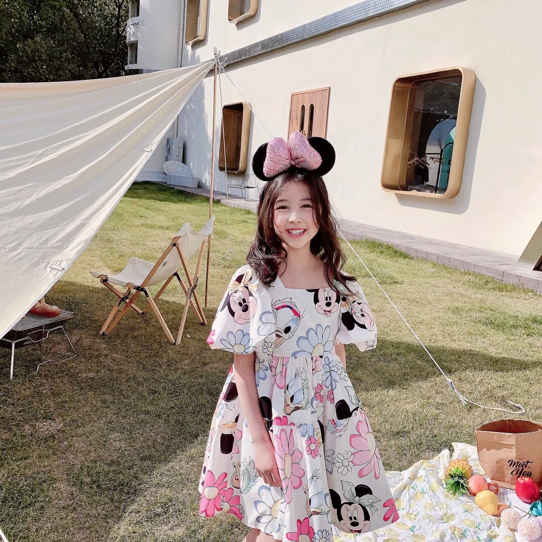 Summer Baby Girl Casual Dress Kids Toddler Mickey Mouse Daisy Cartoon Puff Sleeve Clothes Girls Backless Cute Princess Dresses