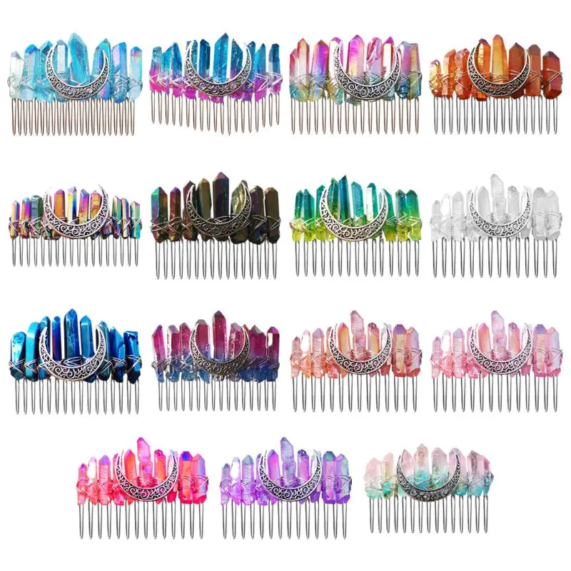 Pente de Cabelo de Cristal Falso Gradiente Íris Aura Quartzo Noivas Joias Liga Boho Tiara