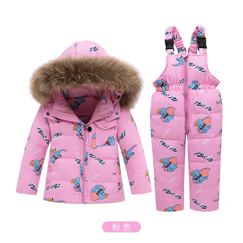 Kids Winter Down Parkas New Girls Ski Suits Cotton Cartoon Thick Warm Hoodies+bib Pants 2pcs Outfits For Boys Children Snowsuit - Цвет: pink colour