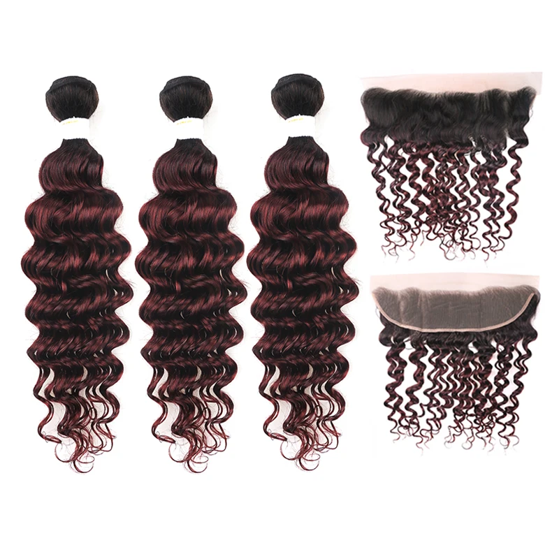 

Brazilian Deep Wave Ombre Bundles With Frontal 1B/99J Two Tone Dark Wine Red Human Hair Bundles With Closure Non-Remy Hair Weave