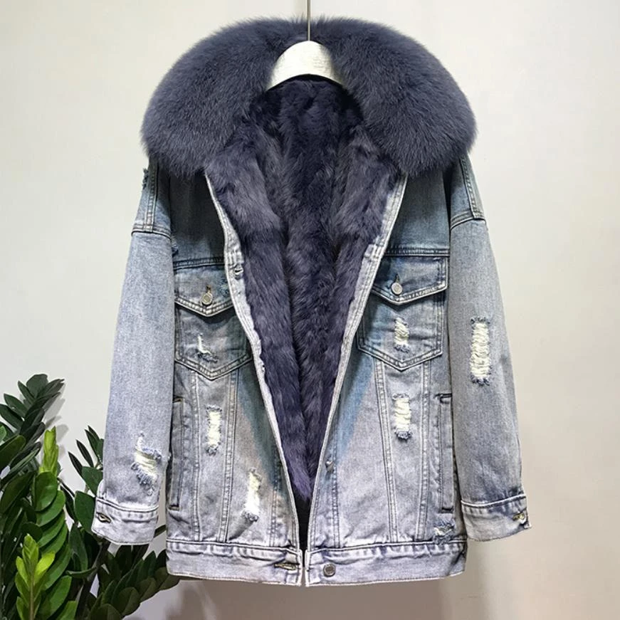 de piel de zorro Natural Real mujer, chaqueta vaquera con forro de pelo de conejo Real, ropa de abrigo con bordado de plumas, invierno, F2465|chaquetas básicas| - AliExpress