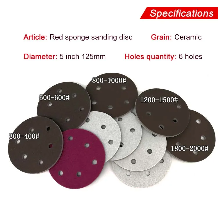 20PCS 5 Inch 6-Hole Red Sanding Sponge Sandpaper Hook and Loop 300-2000 Grit for Polishing Grinding