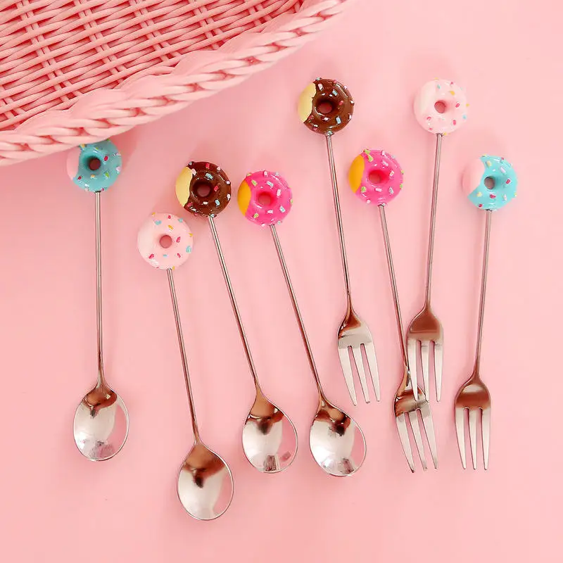 

Doughnut Design 304 Stainless Steel Coffee Spoon Fruit Fork Stirring Milk Teaspoon Dessert Fruit Scoop Kitchen Tableware Gift