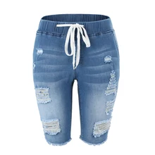 *#Best Price Summer Denim Ripped Bermuda Shorts Women Blue Drawstring Closure Distressed Knee Length Stretch Short Jeans *#Best Price Summer Denim Ripped Bermuda Shorts Women Blue Drawstring Closure Distressed Knee Length Stretch Short Jeans