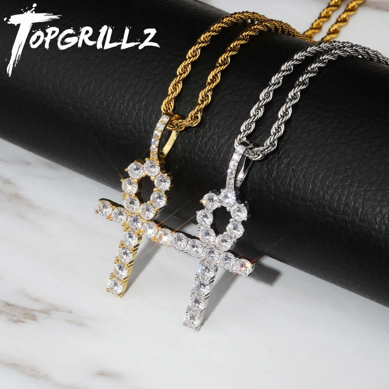 TOPGRILLZ, 925 пробы, серебро, со льдом, циркон, Ankh, крест, кулон, CZ, Египетский ключ жизни, кулон, ожерелье, хип-хоп, ювелирное изделие для мужчин