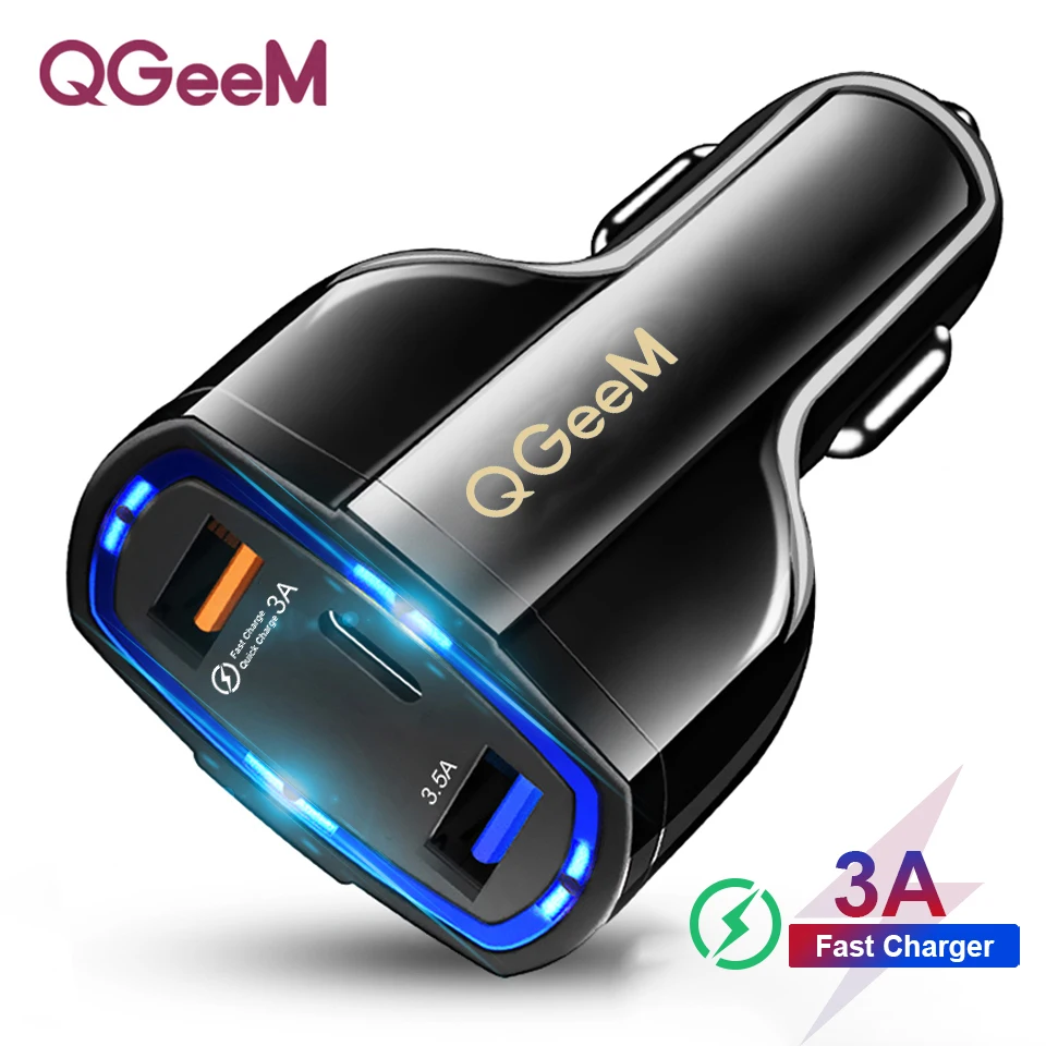 

QGEEM QC 3.0 USB C Car Charger 3-Ports Quick Charge 3.0 Fast Charger for Car Phone Charging Adapter for iPhone Xiaomi Mi 9 Redm