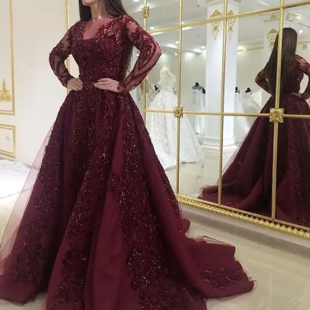 Vestido de festa Саудовская Арабская Вечеринка платья длинный рукав Abiye аппликация бисером формальное платье выпускного вечера фиолетовый Abendkleider - Цвет: picture color
