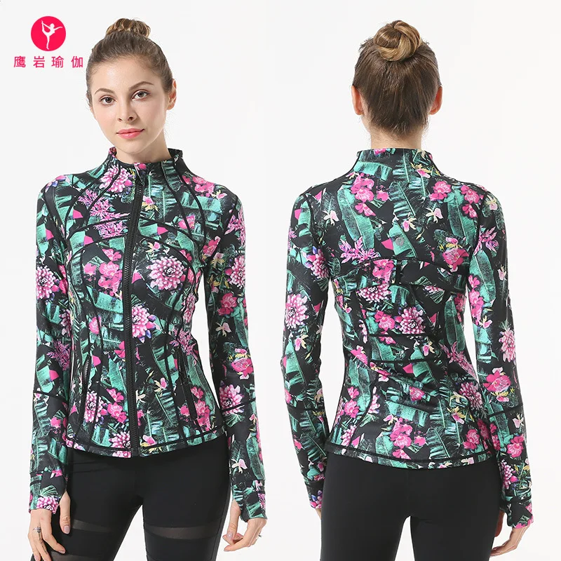 

Factory Customizable Yoga Suit Elastic Printed Yoga Jacket Women's Tight-Fit Quick-Dry Stand Collar Fitness Tops Long Sleeve Jac