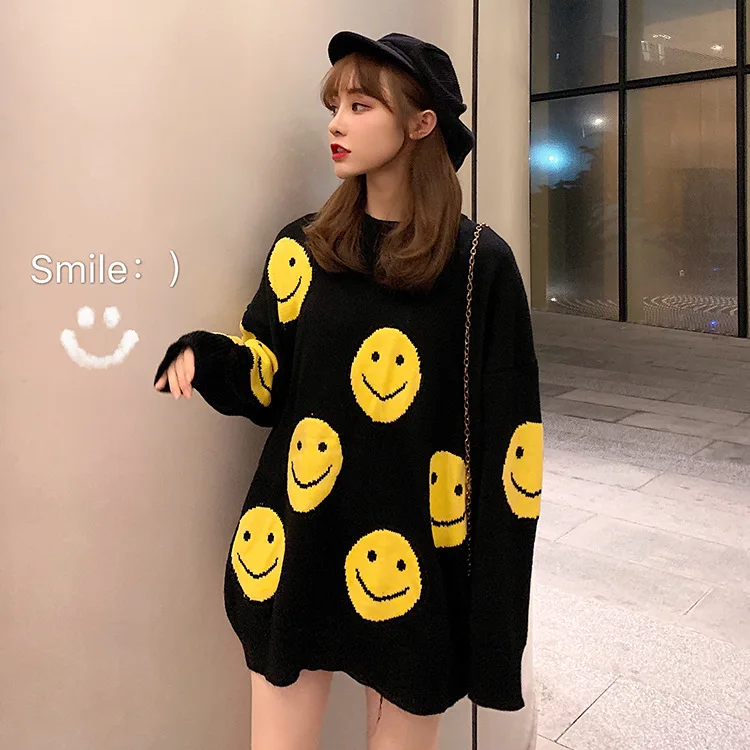 Casual Loose Knitted Women's Smile Face Sweaters - true deals club