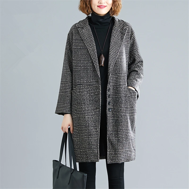 

2019Autumn Winter Female Woolen Coat Loose Long Cardigan Female Tartan Woolen Coat Plus Size Long Wool Coat Women Jacket Elegant