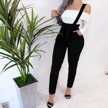

2019 Women Slim Fit Solid Black Long Overalls Pant Ladies Drawstring High Waist Pencil Pant Plus Size
