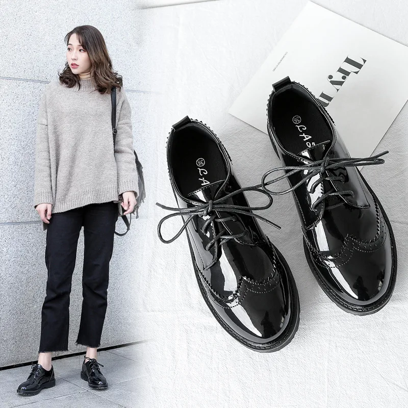 

Small Leather Shoes Women's Vintage College Style Chunky-Heel Harajuku Golden Black And White with Pattern England Bullock WOMEN