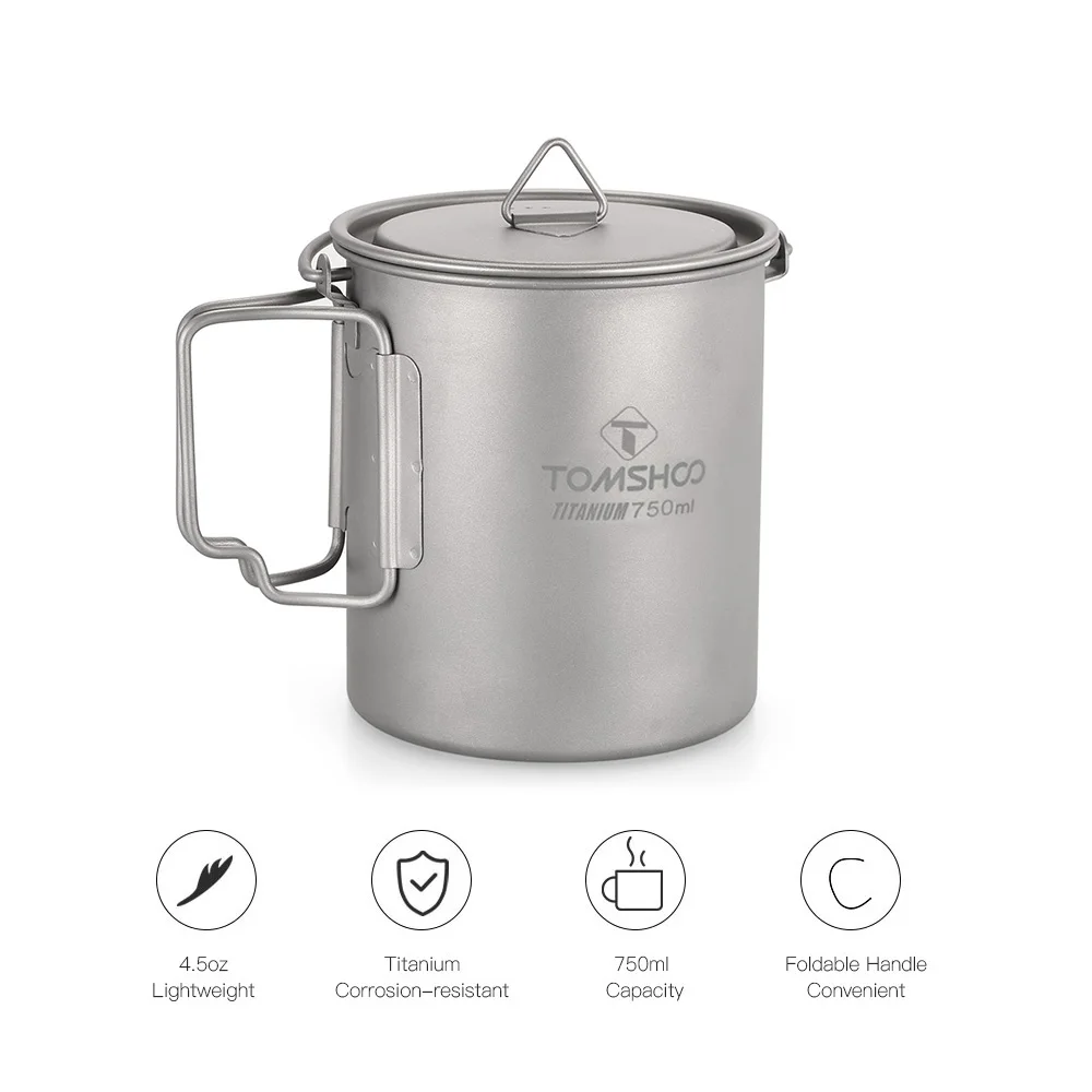 

Ultralight 750ml Titanium Pot Portable Titanium Water Mug Cup with Lid and Foldable Handle Outdoor Camping Cooking