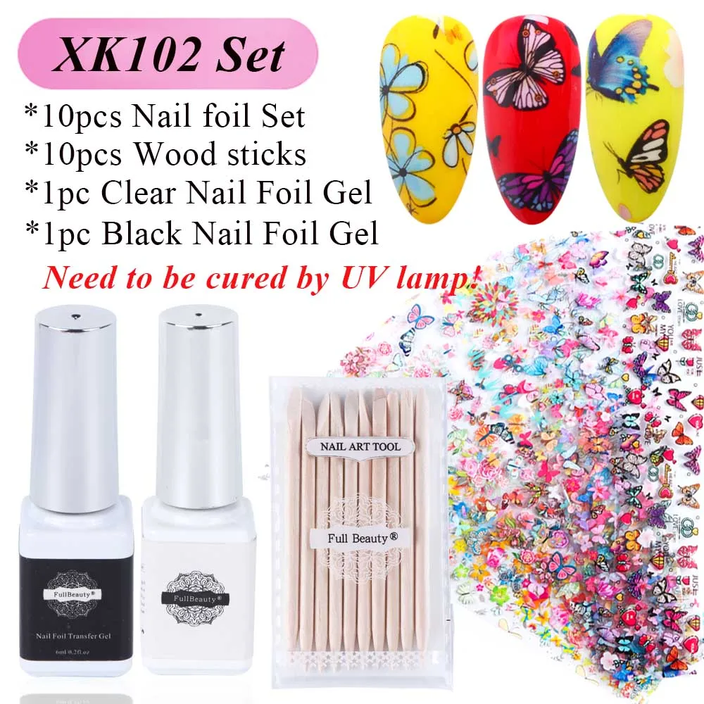 XK102 Set 1 Набор Фольга для перевода на ногти клей для смешанных бабочек цветок наклейки слайдеры лак для ногтей украшения маникюрные LAXK102-1 - Цвет: XK102 Set