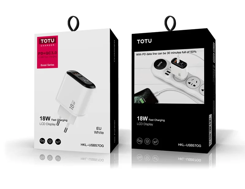 TOTU EU phone travel charger with LED display, fast charge PD18w + QC3.0 home travel wall charger