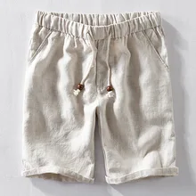 Pantalones cortos de lino 100% de alta calidad para hombre, Shorts masculinos de cintura elástica, de estilo japonés, a la moda, Color sólido, sencillos, informales, ajustados, para uso diario