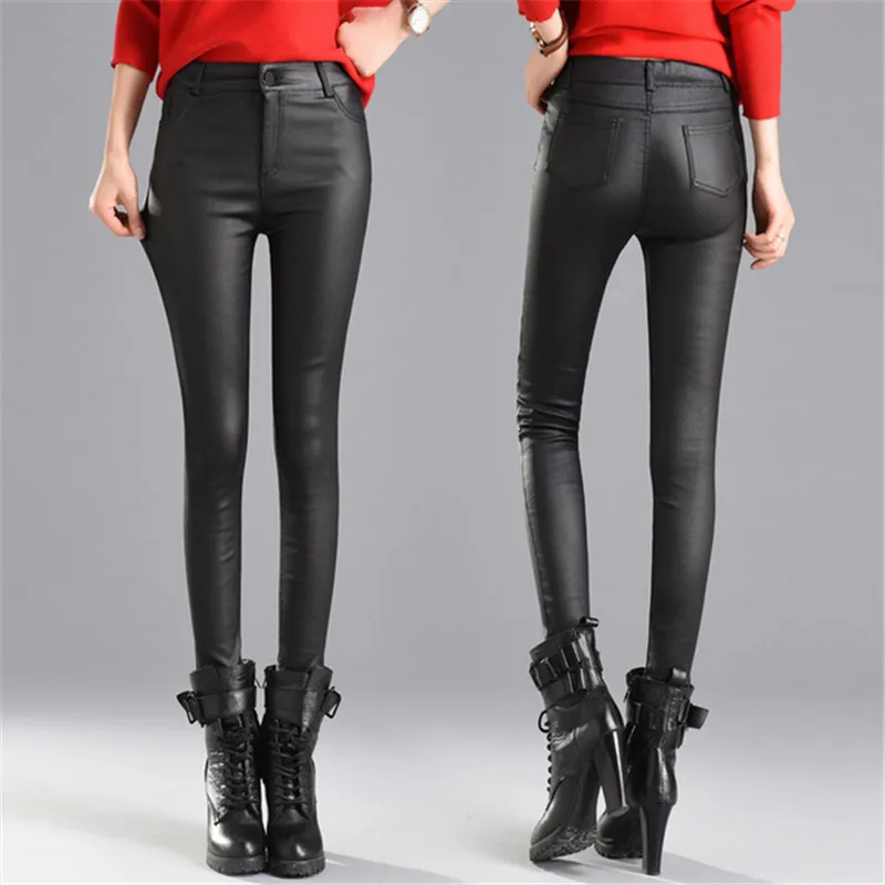 Женские брюки из искусственной кожи модные зимние однотонные флисовые брюки повседневные теплые плотные узкие брюки с высокой талией тонкие уличные брюки P9145