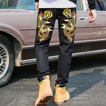 

Autumn and winter 2019 carp embroidery Chinese retro men's jeans