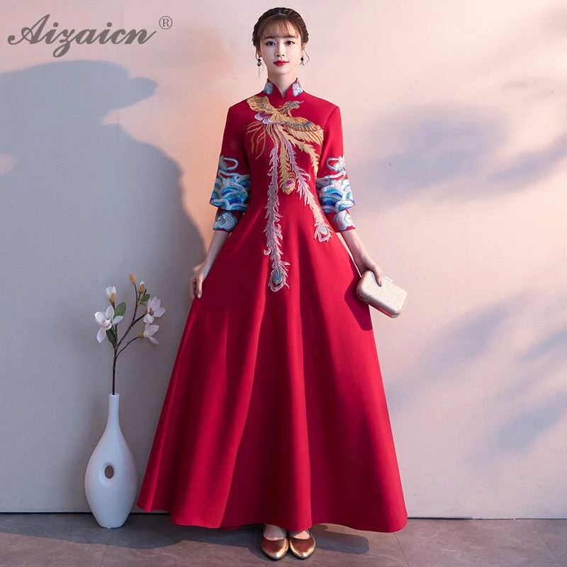 Феникс вышивка длинный Cheongsam красный современный Femme Тонкий Вечерние платья Qi Pao женское традиционное китайское свадебное платье Qipao