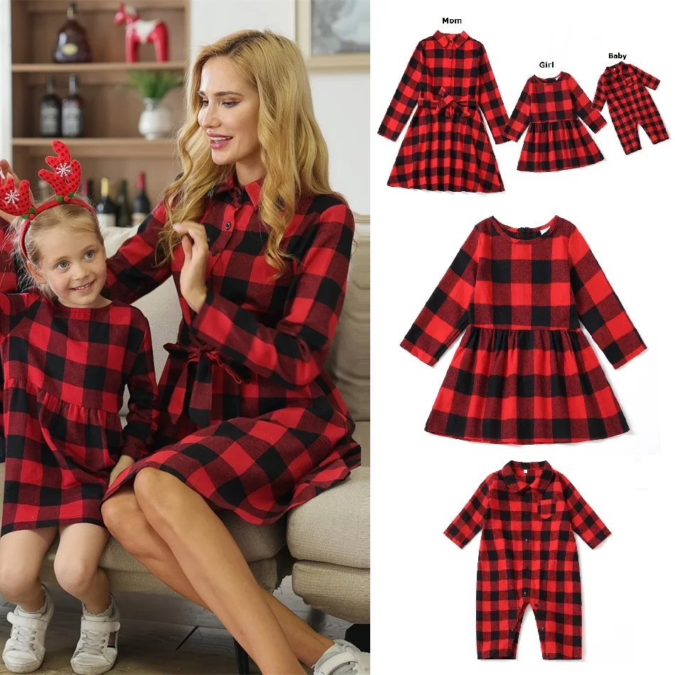 Robes Assorties De Noël Pour Mère Et Fille, Ensemble Familial, Vêtements À Carreaux, Robe De La Colonne Vertébrale, Bébé Maman Et Moi, Automne, Femmes
