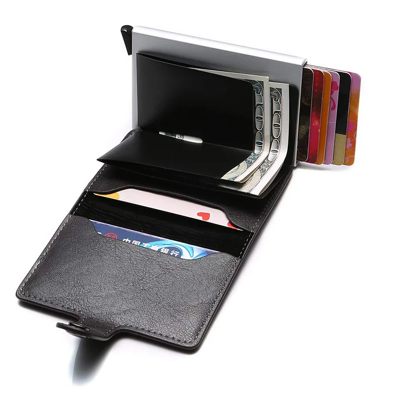 Hasp мужской кредитный держатель для карт RFID Блокировка из искусственной кожи Автоматический Бизнес ID держатель для карт Алюминиевый металлический мужской кошелек для карт