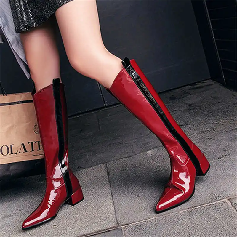 Odetina Women Fashion Pointed Toe Mixed Colors Knee High Boots Lady Patent Leather Side Zipper Block Mid Heel Winter Long Boots