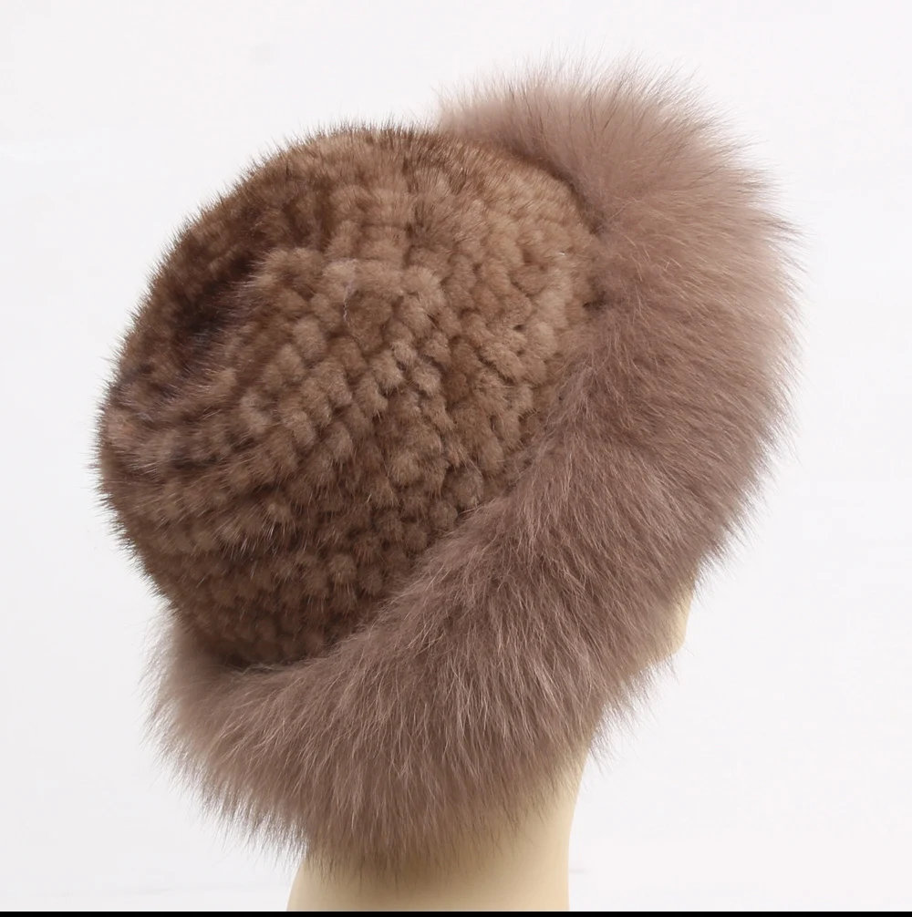 Elegant Real Mink Fur Hats Women Warm Natural Fox Fur Hat Lady Knitted Luxury Real Mink Fur&Fox Fur Cap Fashion Fur Cap