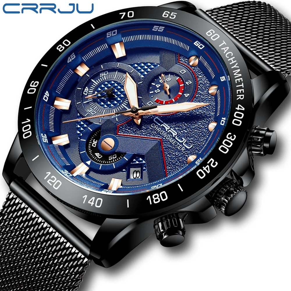 

CRRJU New Men Watch Luxury Multi-function Chronograph Stainless Steel Mesh Wristwatch Fashion Waterproof Watch Relogio Masculino